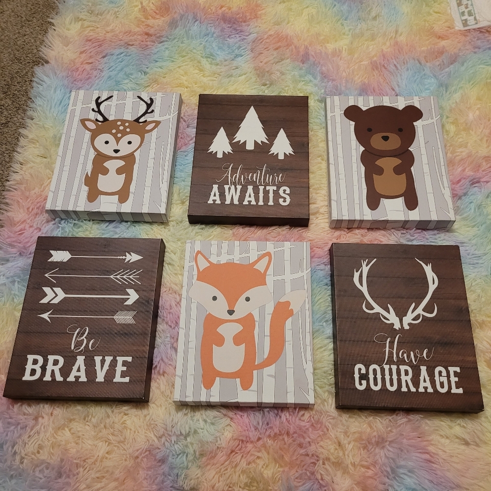 Woodland Animal Wall Art Set Of 6 Nursey Decor Canvas